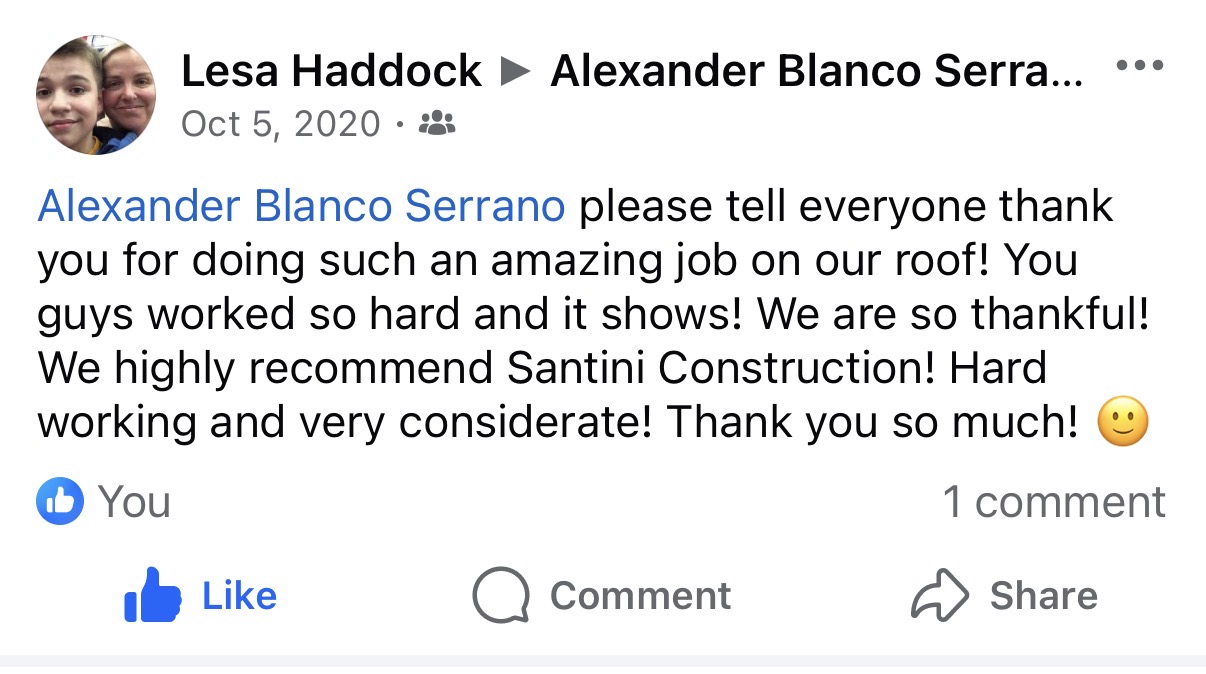 Screenshot of a real Facebook post from Lesa Haddock recommending Santini Construction for roofing work